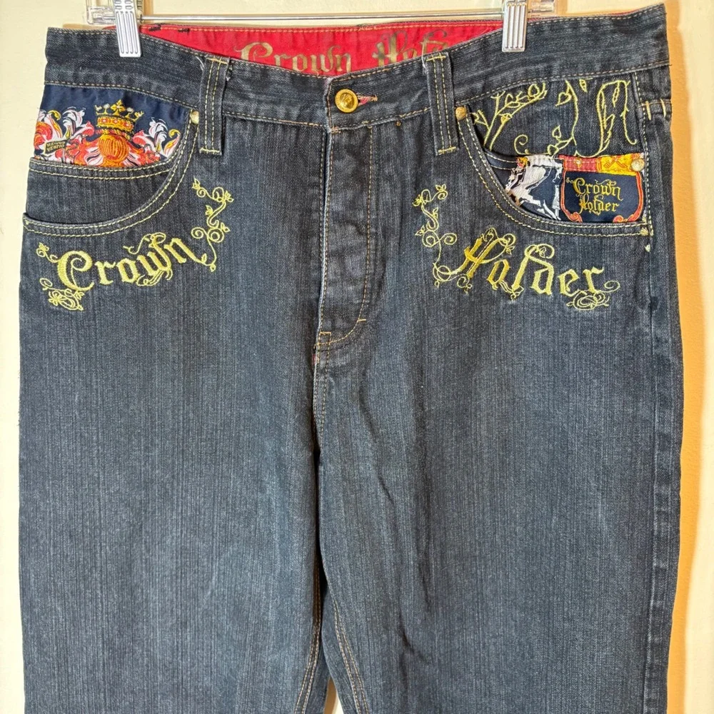 Crown Holder Embroidered Dark Wash Jeans‎ Size 38 Crest & Royal Embellishments